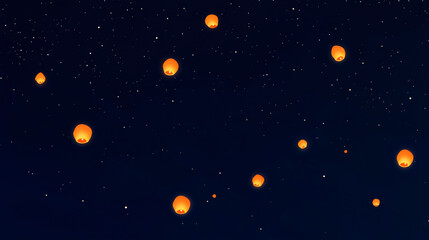 Naklejka premium Many orange lanterns floating in navy-blue night sky, festive atmosphere