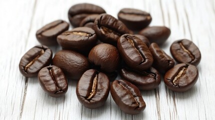 Obraz premium Close-up of pile of roasted coffee beans on white wood.