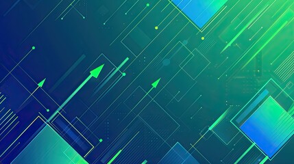 Abstract digital design with geometric shapes and arrows in blue and green tones.