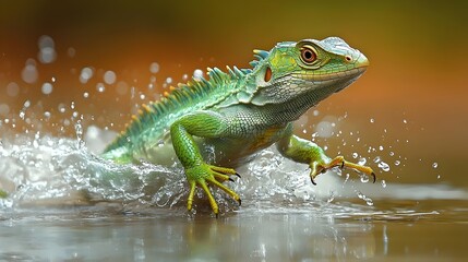 Naklejka premium A green lizard is running through the water