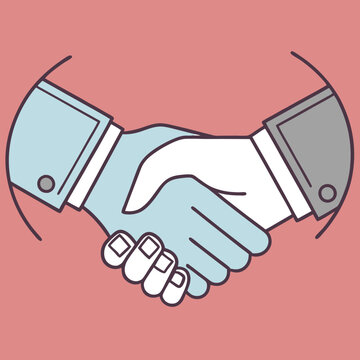 A hand-shaking icon representing business partnership, in soft blue and gray, on a solid pink background Illustrator Artwork