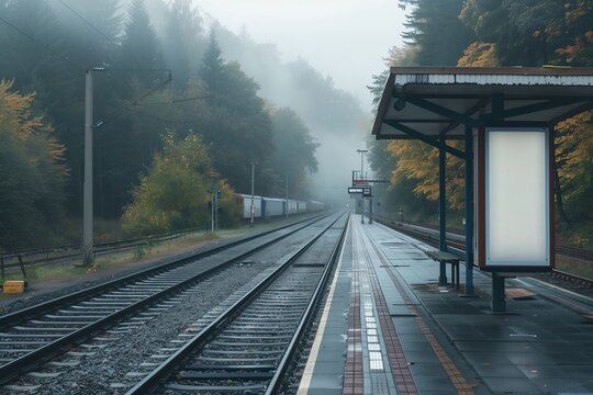 Misty train station landscape with empty tracks and a secluded platform.