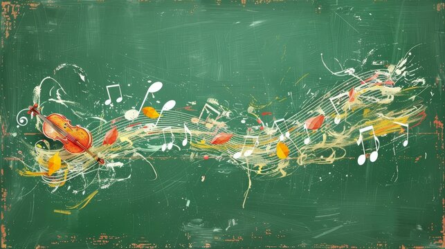 Vibrant brushstrokes dance with musical notes on a chalkboard, inspiring creativity and learning
