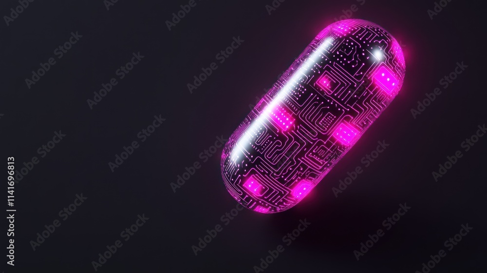 Poster a futuristic capsule with a circuit design and glowing elements.