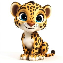 3D cartoon, a happy baby leopard sitting on a white background