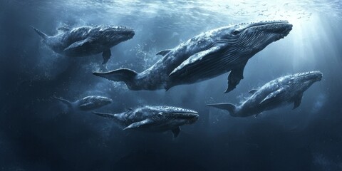 Fototapeta premium Majestic Humpback Whales Swimming Gracefully in the Deep Blue Ocean with Light Streaming Through the Water Surface
