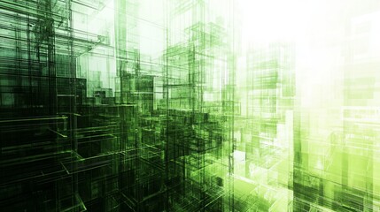 Obraz premium Futuristic Biophilic Urban Design: Abstract Green Scaffolding in Cityscape