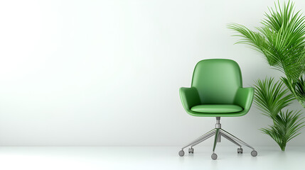A modern workspace with a green desk, green office chair, and plenty of greenery, creating a fresh and inspiring environment