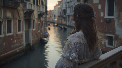 Woman contemplates Venice sunset canal romantic historic architecture cityscape Italy travel serene peaceful reflection gondola buildings water bridge twilight evening woman girl female person