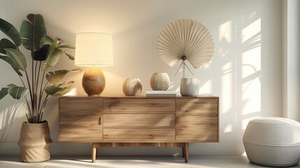 Modern Tropical Oasis Living Room with Wooden Commode, Dried Leaves, Decorative Fan, and Elegant Accessories