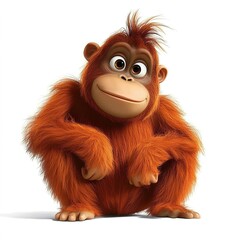 A cute, furry orangutan sitting on the ground, against a white background
