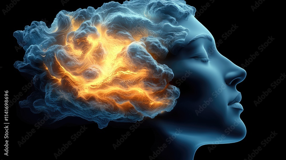 Poster exploring creative thoughts fire and clouds in a human mind digital art abstract environment side vi