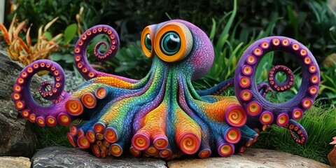 Obraz premium Colorful and Artistic Octopus Sculpture Surrounded by Lush Greenery in Vibrant Settings