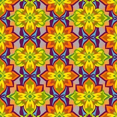 Vibrant Floral Mandala Pattern: A seamless textile design featuring bright, bold colors and intricate, symmetrical floral patterns. Perfect for fashion, home decor, and more.