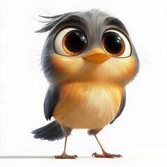  A cute bird with large eyes, standing on the ground against a white background