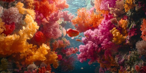Vibrant Underwater Scene with Colorful Coral Reefs and Tropical Fish Swimming in Clear Blue Ocean Water