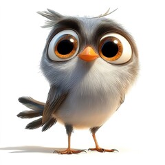 Obraz premium A cute bird with large eyes, standing on the ground against a white background