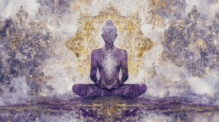 Meditating figure with mandala background in purple and gold textures.