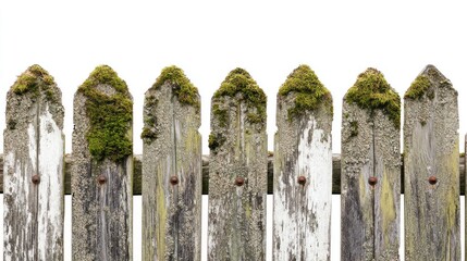 A weathered wooden fence with moss, showcasing natural aging and texture.