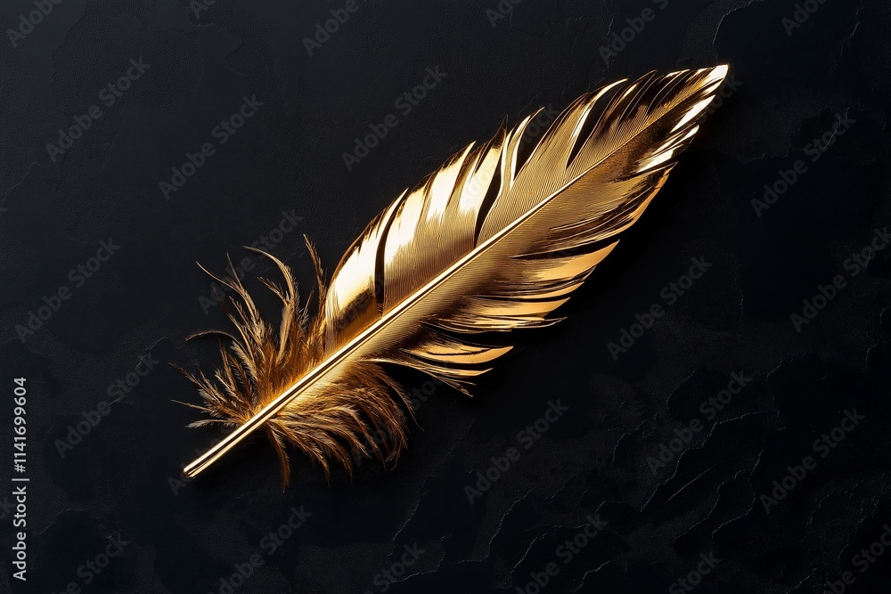 Poster a single golden feather on a textured charcoal background.