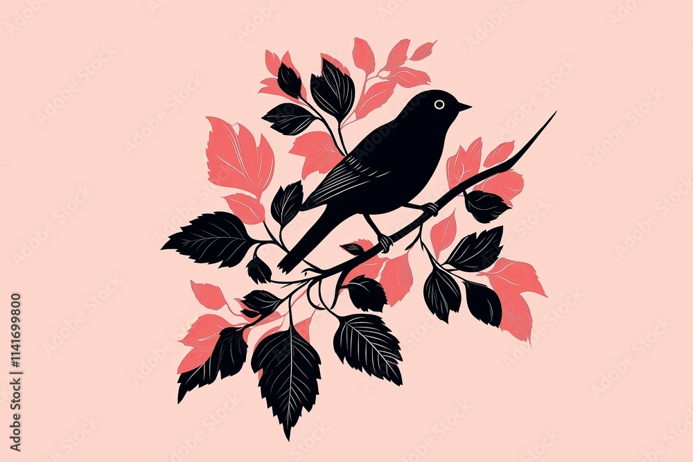 Poster a silhouette of a small bird perched on a branch against a peach gradient background.