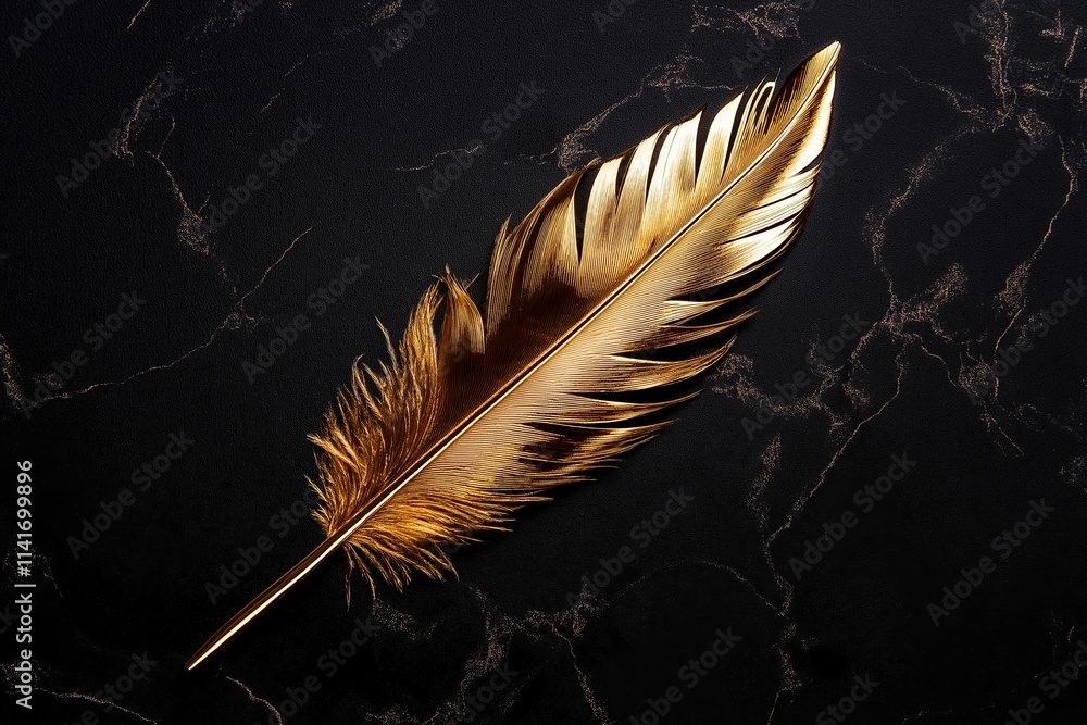 Poster a single golden feather on a textured charcoal background.