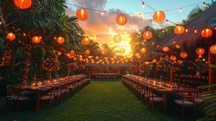 Obraz premium A beautifully decorated outdoor venue for a festive gathering at sunset.