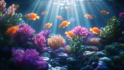 Fototapeta premium Vibrant coral reef with orange fish swimming in sunlit water.