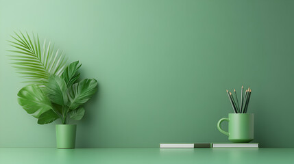 A modern workspace with a green desk, green office chair, and plenty of greenery, creating a fresh and inspiring environment