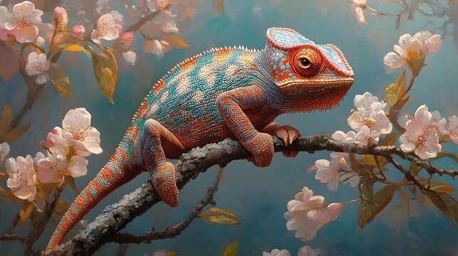 A colorful chameleon is perched on a branch of a tree with pink flowers - Powered by Adobe
