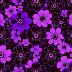 Fototapeta premium Purple Floral Pattern: A captivating seamless pattern featuring vibrant purple and pink flowers on a rich black background.