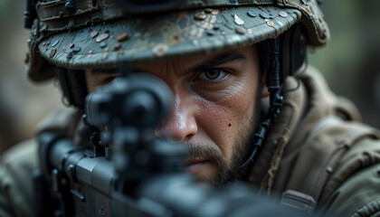 Fototapeta premium highly detailed closeup photo of an solder looking through his sights on his rifle