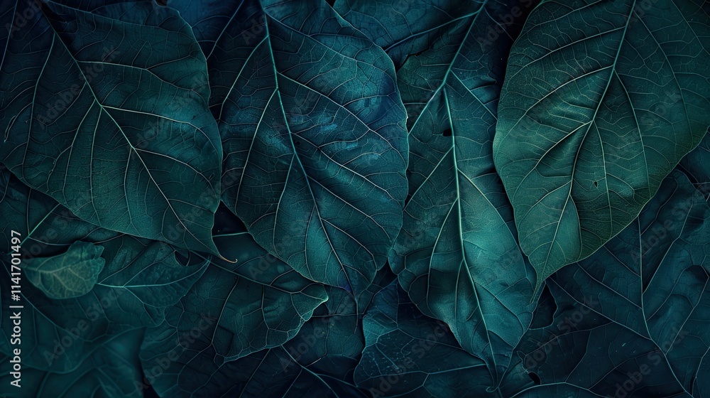 Poster a close-up view of dark green leaves layered together, creating a textured natural pattern.