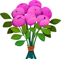Cartoon bouquet of pink roses or peony flowers arranged with green leaves, symbol of love, romance and affection for Valentines Day. Bloom arrangement for romantic occasions and festive celebrations