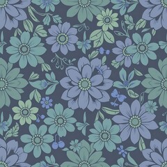 Fototapeta premium Serene Floral Pattern: A tranquil and elegant seamless pattern featuring delicate blue and green floral motifs on a deep navy background. Perfect for adding a touch of sophistication to home decor.