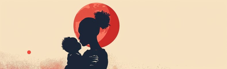 silhouette of an African American mother holding her baby, against the backdrop of a red moon