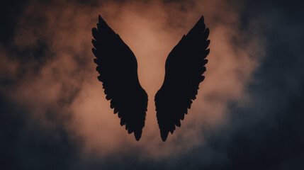 Obraz premium Majestic angel wings silhouetted against dramatic cloudy sky, evoking sense of peace and spirituality. soft light enhances ethereal quality of scene