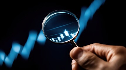 Person holding a magnifying glass over a success chart symbolizing business audits and profit reports