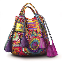 vibrant bohemian shoulder bag with colorful patterns and tassels
