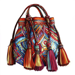colorful bohemian shoulder bag with tassels, artistic and unique design