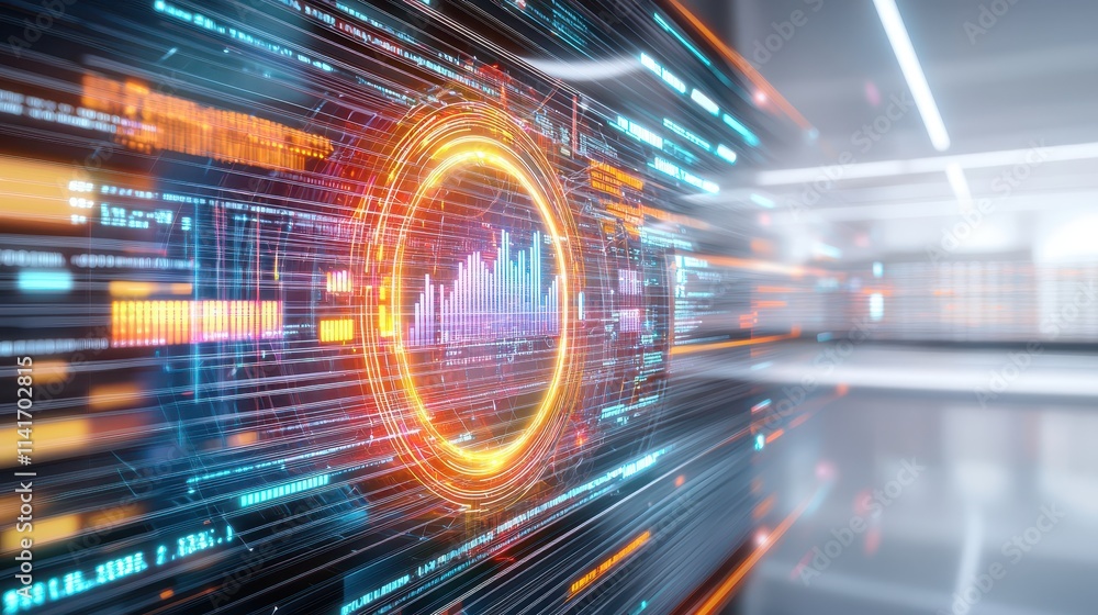Poster a futuristic digital scene showcasing vibrant data streams and a circular graphic element, symbolizi