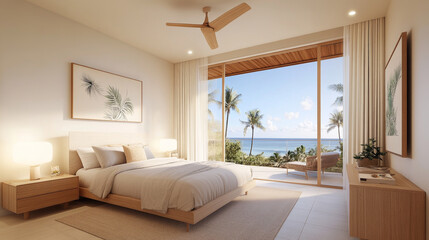 Fototapeta premium A serene bedroom with stunning ocean view, featuring comfortable bed, wooden furniture, and large windows that invite natural light. tropical ambiance creates relaxing atmosphere
