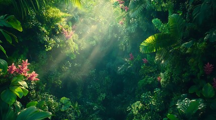 Obraz premium Sunbeams illuminate lush tropical foliage, creating a vibrant, green jungle scene.