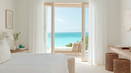 Fototapeta premium A serene bedroom with stunning ocean view, featuring soft white decor and natural light streaming through large windows. tranquil atmosphere invites relaxation and peace