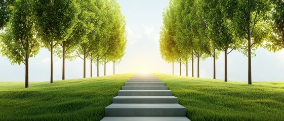 A serene pathway lined with lush trees leads towards a bright, glowing horizon, inviting a sense of peace and tranquility.