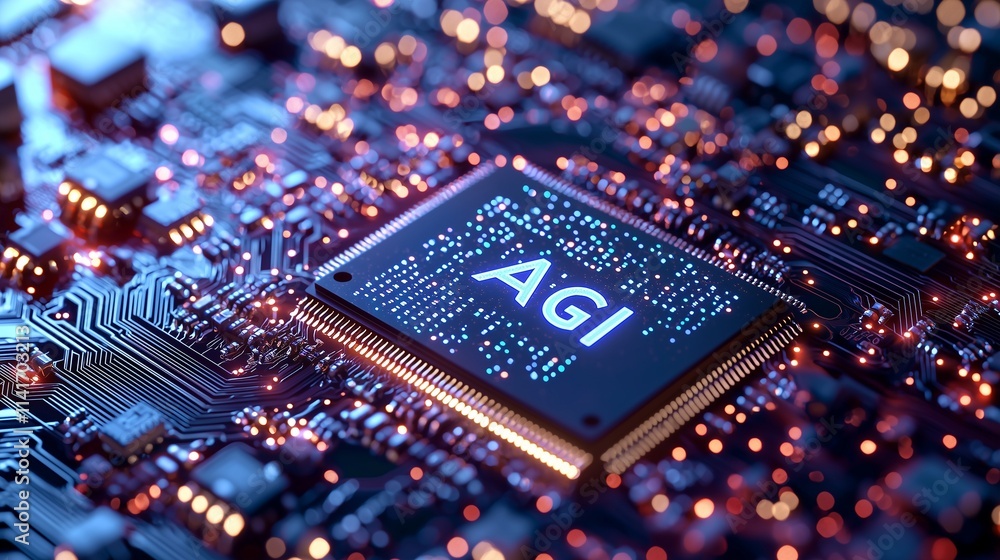 Poster agi chip on a circuit board symbolizes advanced ai hardware.