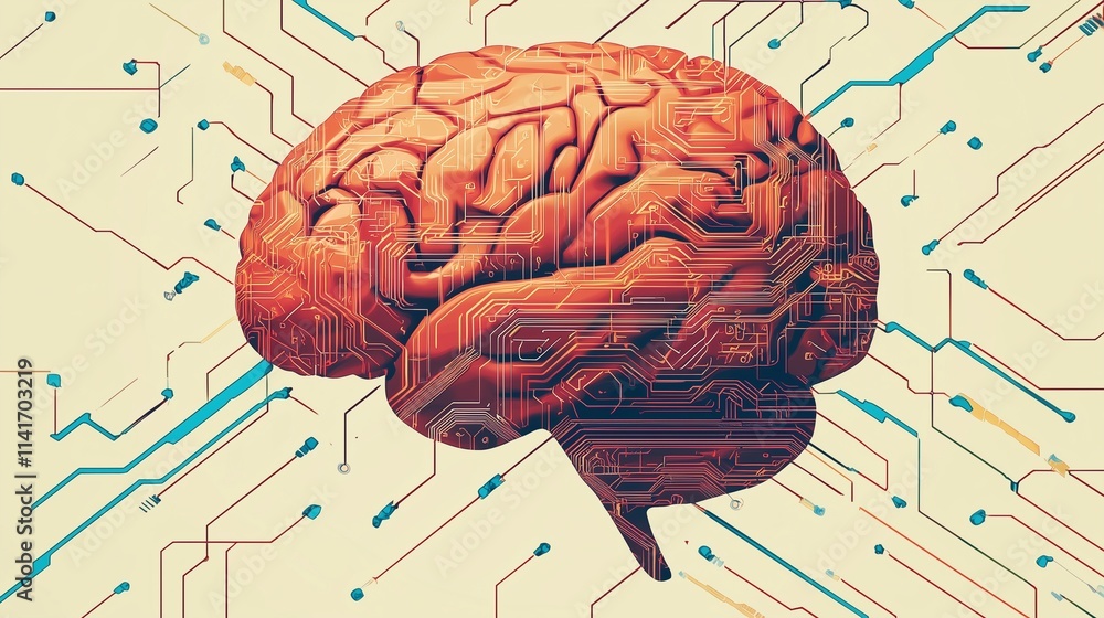 Poster brain with circuit lines symbolizes agi's blend of human-like intelligence and technology.