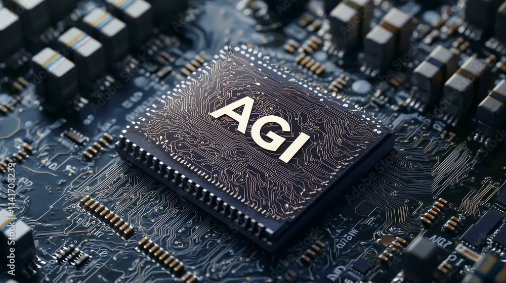 Poster microchip labeled 'agi' on a circuit board, symbolizing ai infrastructure.