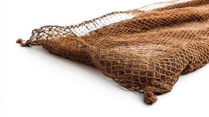 Rustic Brown Fishing Net on White Background for Nautical Decorations and Marine Concepts