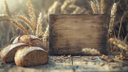 Wooden signboard with bread and wheat, symbolizing gluten and celiac sensitivity.